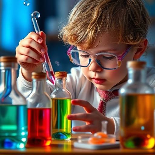 A child engrossed in playing with a science kit, mixing colorful liquids in test tubes.