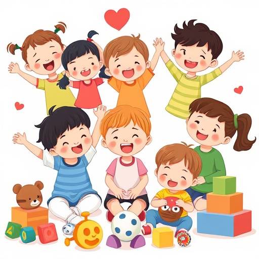 A colorful illustration of diverse children playing with toys, representing inclusivity and accessibility.