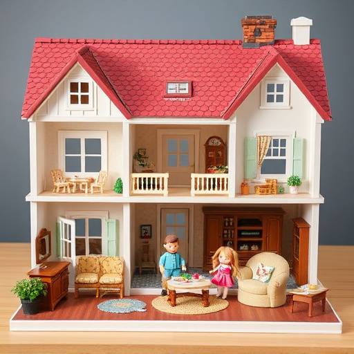 A dollhouse with miniature furniture and accessories, including a family of dolls.