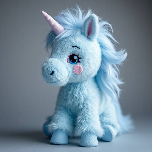 A fluffy, light-blue plush toy shaped like a unicorn.