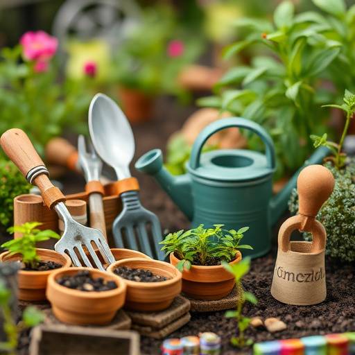 A gardening kit with small tools, seeds, and a watering can.