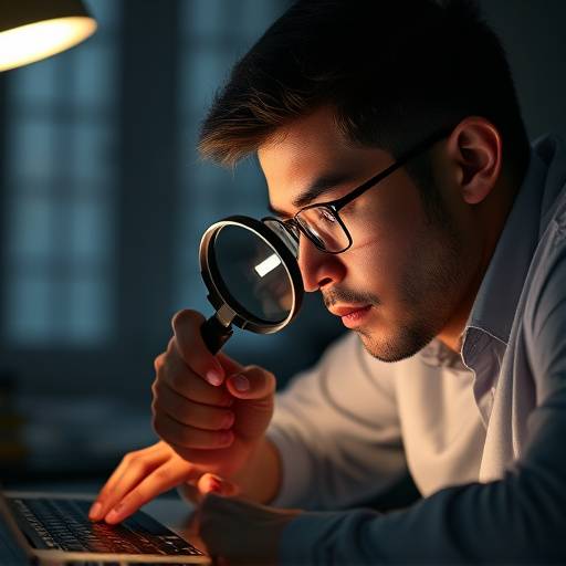 A person with a magnifying glass examining a website on a laptop, representing accessibility testing.