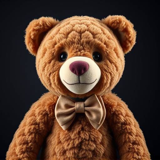 A plush teddy bear wearing a bow tie, sitting upright.