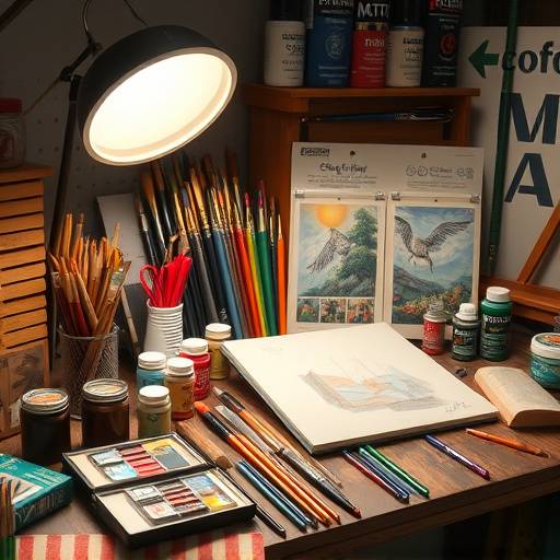A set of art supplies, including paints, brushes, and a sketchbook.
