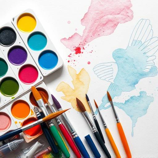 A set of watercolor paints, brushes, and a drawing pad.